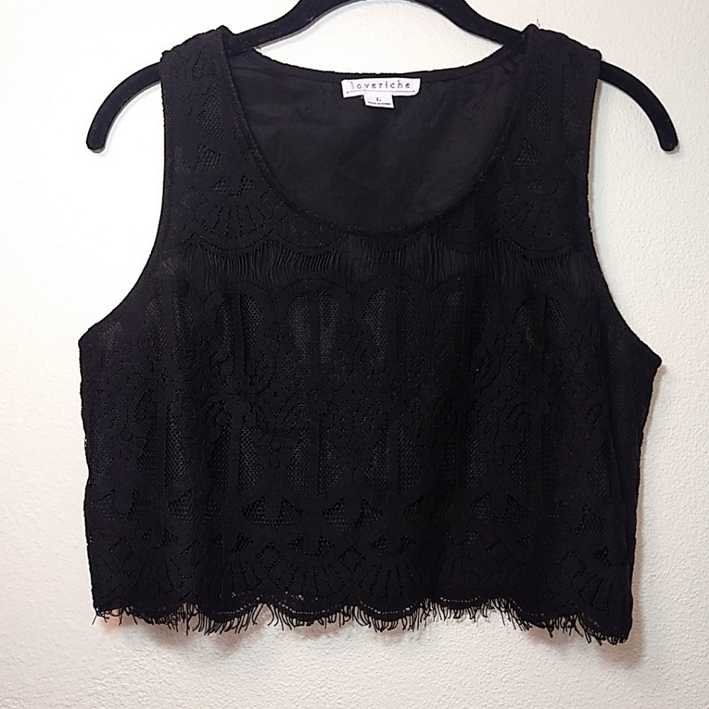 Loveriche Black Lace Crop Top Tank Scallop Hem Large